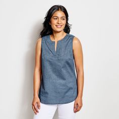 Easy Sleeveless Printed Camp Shirt Cotton Sleeveless Muscle Tee For Summer, Cotton Vest Top For Vacation, Sleeveless Relaxed Fit Shirt For Spring, Relaxed Fit Sleeveless Shirt For Spring, Cotton Muscle Tee For Summer, Casual Sleeveless Shirt For Summer, Casual Sleeveless Summer Shirt, Casual Cotton Tank Blouse, Sleeveless Cotton Blouse For Spring