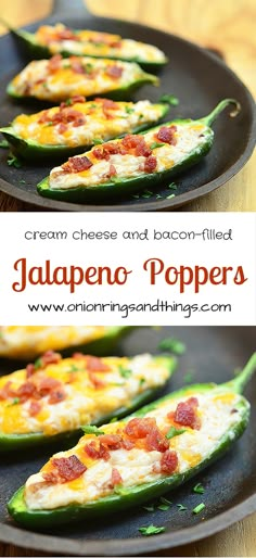 an image of jalapeno poppers with cheese and bacon in them on a black plate