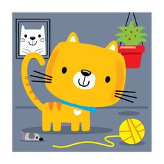 an orange cat is playing with a ball of yarn and a potted plant in the background