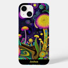 a phone case with an image of mushrooms and swirls on the front, in bright colors