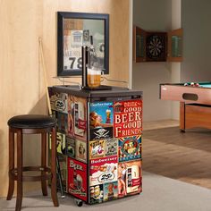 a room with a pool table, bar stools and a clock on the wall