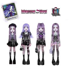 three dolls are standing next to each other in front of a white background with the words monster high on it