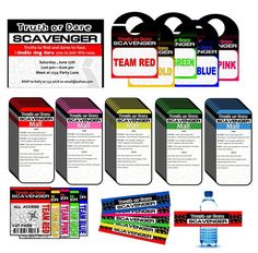 a bunch of different colored labels and tags for water bottle openers with the words scavenger on them