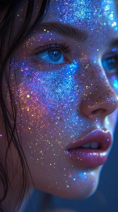 a woman with blue eyes and glitter on her face