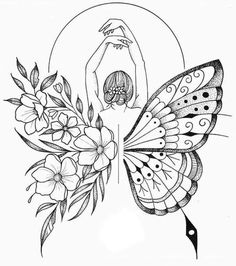 a drawing of a butterfly with flowers on it's wings and a woman holding a flower