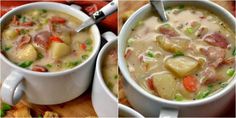 two pictures of soup with potatoes, carrots and ham