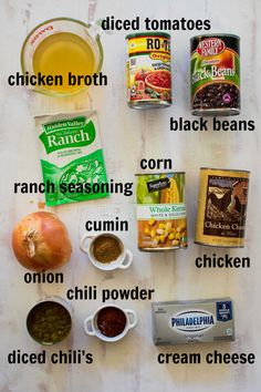 ingredients needed to make chicken broth laid out on a white surface with words describing them