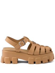 sand beige buckle-fastening ankle strap caged design enamel triangle logo branded leather insole platform sole ridged rubber outsole silver-tone hardware Prada Sandals, Rubber Sandals, Estilo Preppy, Buckle Shoes, Triangle Logo, Dolce E Gabbana, Sand Beige, Blue Sandals, Designer Sandals