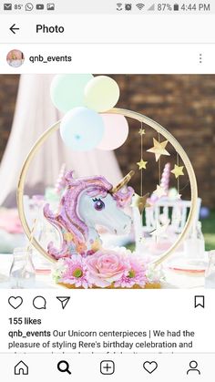 an instagram page with a unicorn on it's head and balloons in the background