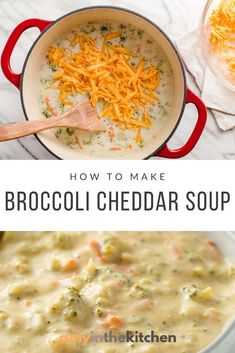 broccoli cheddar soup in a red pot with cheese on top and the title overlay reads how to make broccoli cheddar soup