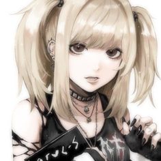 an anime character with blonde hair and black gloves