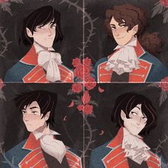 four pictures of the same person in different outfits, one with black hair and one with red