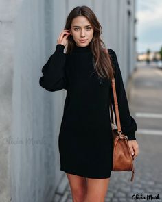 Olivia Mark - Chic Knitted Sweater Dress with Round Neckline and Knitted Sweater Base Knee-length Knitted Sweater For Fall, Knitted Knee-length Sweater Dress For Fall, Fall Cable Knit Knee-length Sweater Dress, Fitted Chunky Knit Long Sleeve Sweater Dress, Solid Knit Sweater Dress For Fall, Knit Sweater Dress For Fall, Fall Cable Knit Dresses, Fitted Chunky Knit Sweater Dress, Fitted Black Cable Knit Sweater