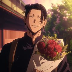 an anime character holding a bouquet of flowers