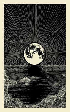 the sun shining over water with mountains in the background and an illustration of a full moon above