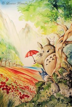 a painting of a totoro holding an umbrella next to a tree with mountains in the background