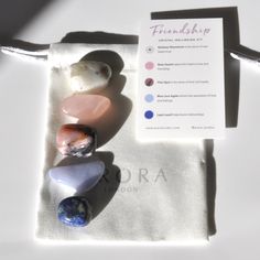 Send the gift of Friendship to someone you love and care for with this perfect healing crystal kit. A selection of 5 high-quality tumblestone crystals complete with crystal meanings card all contained in an Arora soft cotton pouch: Rainbow Moonstone - is the stone of new beginnings Rose Quartz - opens the heart to love and friendship Pink Opal - is the stone of love and loyalty Blue Lace Agate - allows free expression of love and feelings Lapis Lazuli - helps bond relationships You have the option to add a crystal cleansing & energising Selenite stick (7cm long) or purchase one of our gorgeous Selenite bowl (10cm diameter) to display your crystals in.   There is also the option to purchase both stick and bowl together with your Crystal Kit. Selenite Stick, Cleansing Crystals, Cotton Pouch, Crystal Meanings, Crystal Set, Blue Lace Agate, Pink Opal, Lace Agate, Healing Crystal