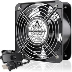 a black fan with wires attached to it and an adapter plugged into the side