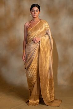 Beige silk georgette saree with silver dots handcrafted pattern. Comes with an unstitched blouse. - Aza Fashions Gold Silk Saree, Saree Gown, Plain Saree, Beige Silk, Silver Silk, Gown Pattern, Sketches Dresses, Yellow Blouse, Georgette Saree