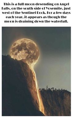 a full moon rising over the top of a mountain with an image of a person standing on