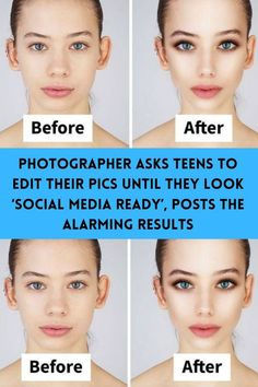 a woman's face before and after photoshopped with the text on it