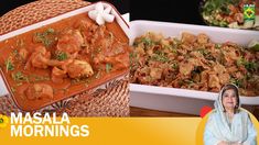 a woman sitting in front of two trays of food with the words masala mornings on it