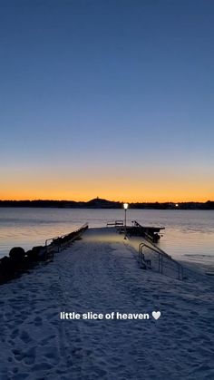 an image of the sunset on a beach with text that reads, little slice of heaven send message