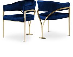 two chairs with gold legs and blue velvet upholstered seat covers, one in the middle