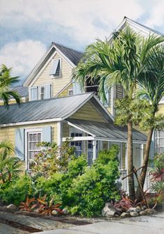 a painting of a yellow house with palm trees