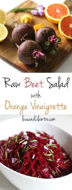 raw beet salad with orange vinaigrete in a white bowl on a cutting board