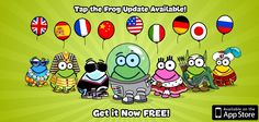 cartoon characters with flags and balloons in the background, text reads tap the frog update available get it now free