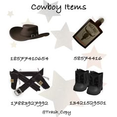 cowboy items are shown in this image with the names and numbers below them for each item