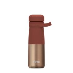 thermos bottle is shown in red and gold, with an insulated lid