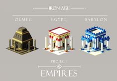 three different types of buildings are shown in this graphic art work, which includes an egyptian style