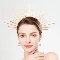 PRICES MAY VARY. 【Goddess Sun Headpiece Set】Come with 1 piece of sunburst halo crown headpiece, 1 pair of sun sparkle earrings with compact crystal, two lucency rubber sleeves. Whether it's a wedding dress up, party, or special celebration, this set will make you the center of attention, exuding unique charm and grace. 【Premium Quality & Product Dimensions】The sun halo headband is made of alloy and crystal material that is designed to last, shining and attractive and not easy to fade, so you can Sun And Moon Headband, Sun Headpiece, Goddess Accessories, Sun Headband, Statue Of Liberty Crown, Sun Crown, Witch Clothes, Sun Halo, Gold Goddess