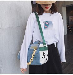 Trendy Denim Satchel Bag, Trendy Denim Shoulder Satchel, Trendy Large Capacity Denim Shoulder Bag, Trendy Portable Bucket Bag, Trendy Green Canvas Bag, Trendy Denim Bucket Shoulder Bag, Casual Shoulder Box Bag With Zipper, Casual Shoulder Box Bag With Zipper Closure, Trendy School Bucket Bag