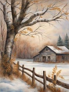 a painting of an old barn in the snow by a fence and tree with leaves on it