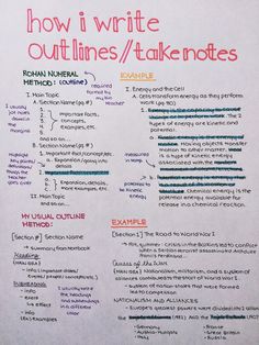 a white paper with writing on it that says how i write outlines / quick notes