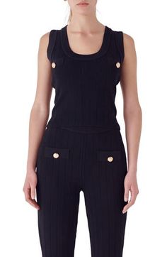 This close-fitting tank is knit in allover ribbing and fitted with etched golden buttons. Scoop neck 50% rayon, 45% nylon, 5% spandex Hand wash, dry flat Imported Fitted Tops With Gold Buttons For Workwear, Fitted Tank Top With Button Closure, Shank Button, Knit Tank, Cami Tanks, Knit Tanks, Knit Top, Scoop Neck, Hand Wash