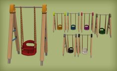 there are several swings and buckets on the wall next to each other in this set