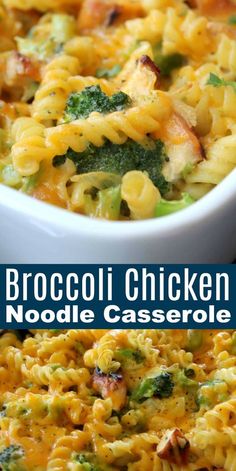 broccoli chicken noodle casserole in a white bowl with the title above it