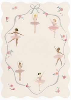 an image of ballet dancers in pink tutues with roses around the border on a white background