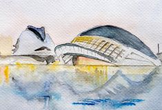 watercolor painting of an architectural building in the middle of a body of water with mountains in the background