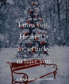 a red bench sitting in the snow next to a christmas tree with a quote on it that reads i miss you heaven is so lucky to have you