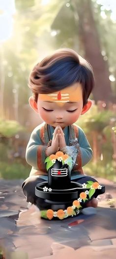 a little boy sitting in front of a cake on top of a black plate and praying