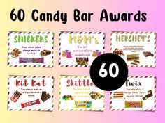 six candy bar awards with the number sixty on them and an image of hershey's