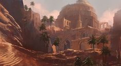 an artist's rendering of a desert landscape with palm trees and ruins in the background