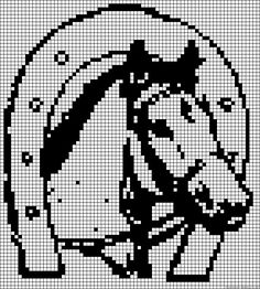 a black and white image of a horse in the middle of a cross stitch pattern