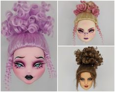 three different pictures of dolls with hair and makeup