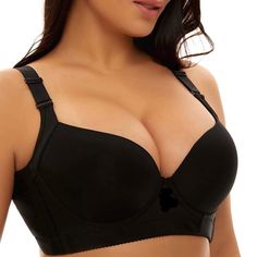 a woman wearing a black bra with straps on her chest and one side showing the breast